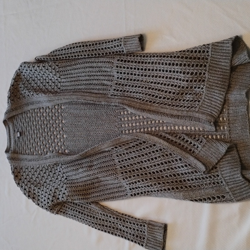 AERIE Open Knit Oversize Long Sleeve Slouch Shoulder Maxi Cardigan Gray Size XS